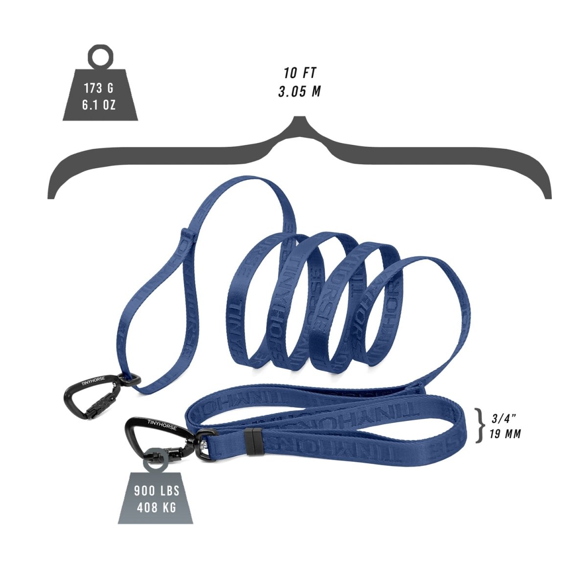 Long blue nylon dog leash. Black auto-locking carabiners on either end. The leash is so long, the midsection is curled in 4 loops. Various figures and numbers explain the specs of the leash as follows: it weighs 173 grams or 6.1 oz; it’s 10 ft long or 3.05 meters; the width of the strapping is 3/4” or 19mm; and the clip has a break strength of 900 lbs or 408 kg. The leash and details are on a white background