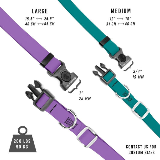 Two dog collars with grey plastic locking buckle. Adjustable metal slide and dee ring for ID tags. The product specs are listed as follows: large collar adjusts from 15.5 inches to 25.5 inches and the strapping is 1” wide; medium collar adjusts from 12 inches to 18 inches and the strapping is 3/4” wide; the buckle break strength is 200 lbs or 90 kilograms
