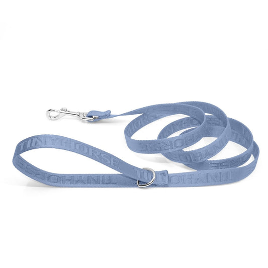 Baby blue nylon leash with “Tinyhorse” logo branding in the weave. The handle is positioned open and features a silver dee ring. The clip to attach the dog is also silver. The leash is looped in 3 curls in the center. The item is on a white background.