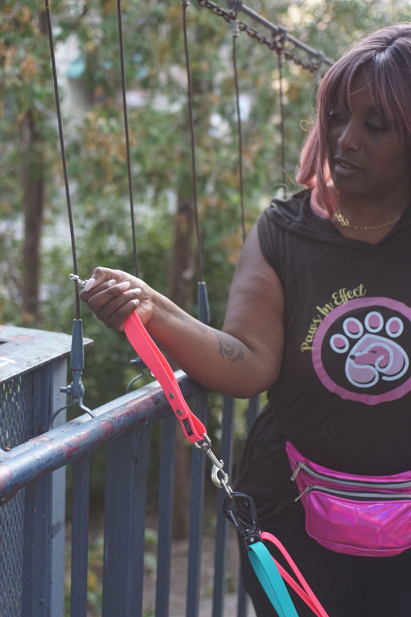 Dog walker clipping Handle to a wire on a land bridge. Attached to the handle is a metal ring and two leashes with black auto-locking carabiners.