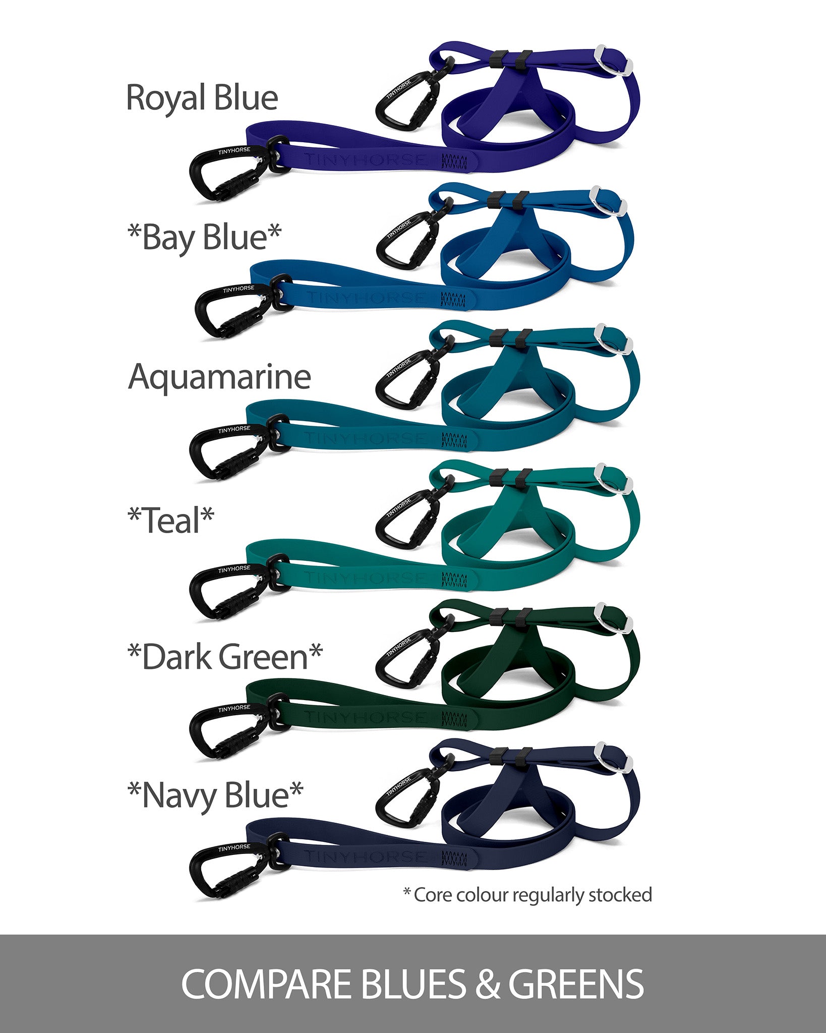 Set of dog leashes in various blues and greens for colour comparison purposes on a white background