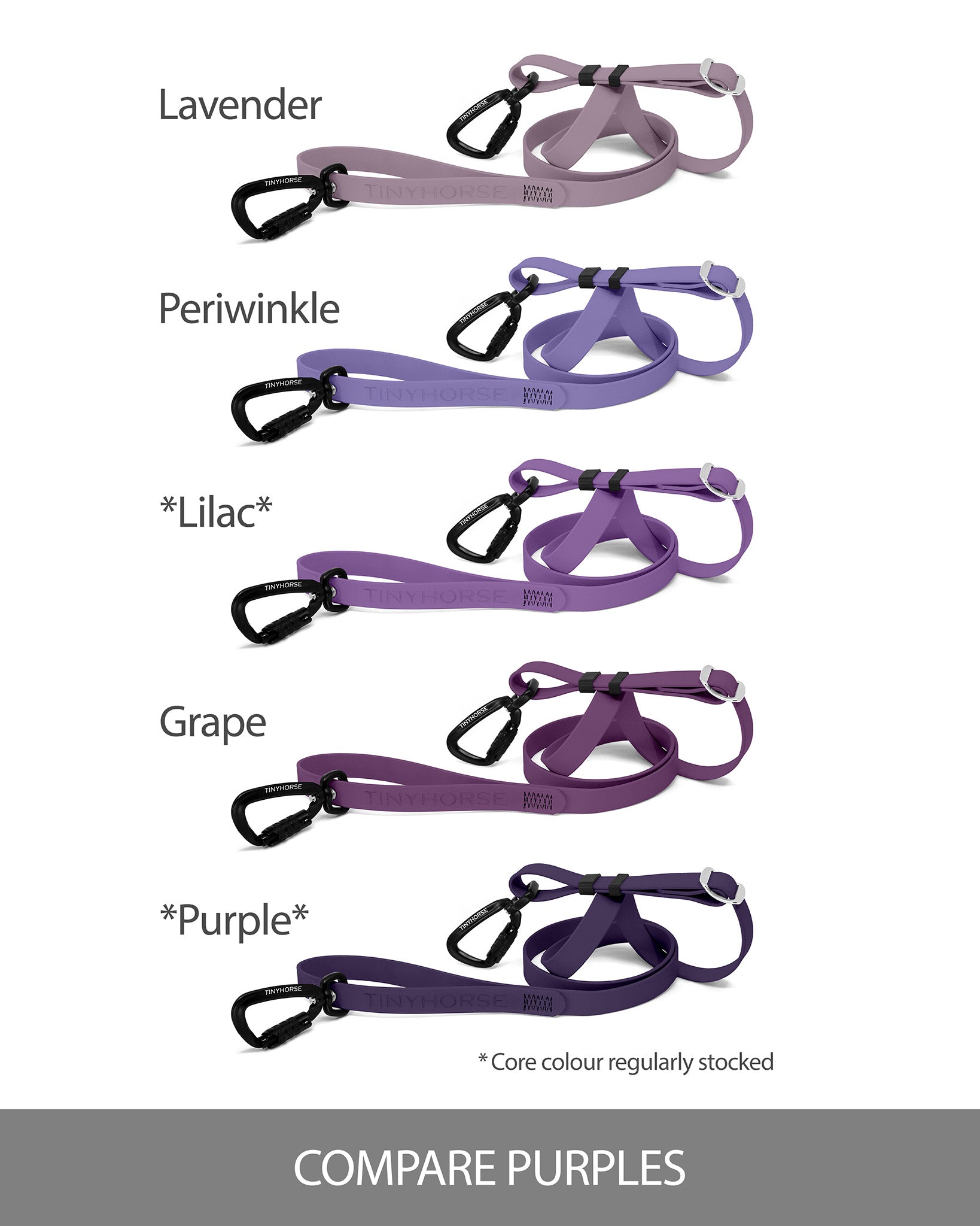Set of different shades of purple dog leashes for comparison purposes on a white background