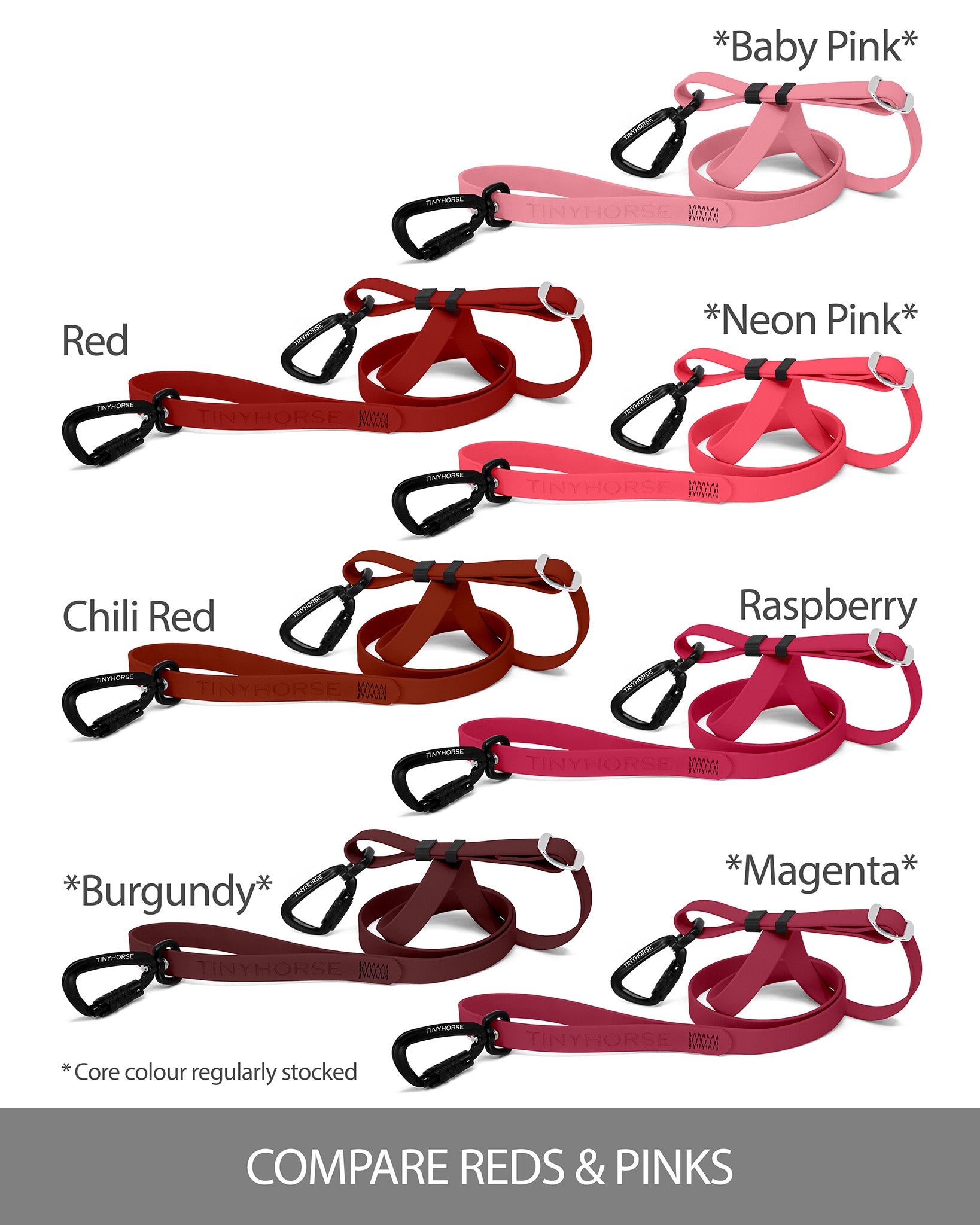 Collection of dog leashes comparing shades of pink and red colour options on a white background