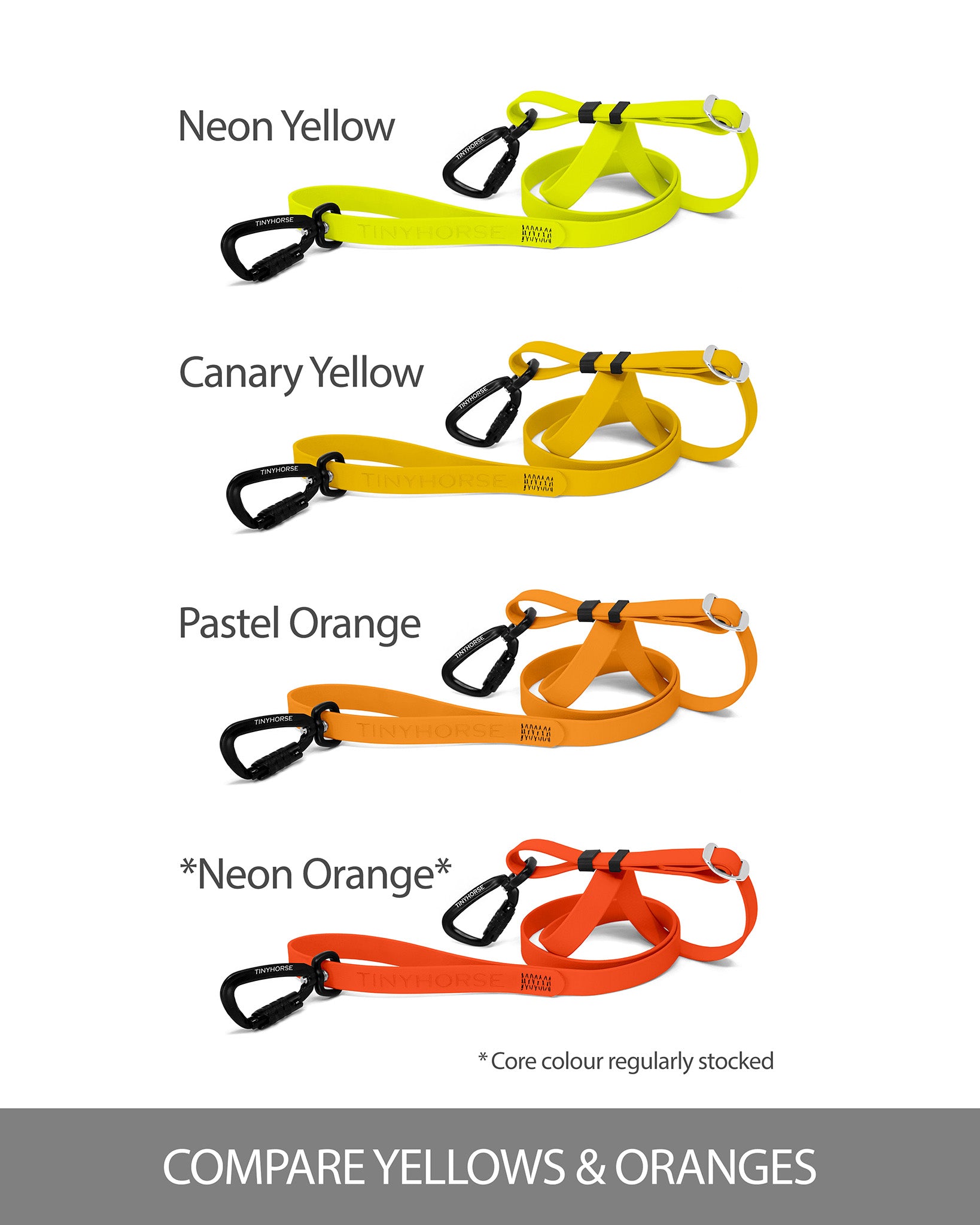 Set of dog leashes in neon yellow, canary yellow, pastel orange, and neon orange on a white background.