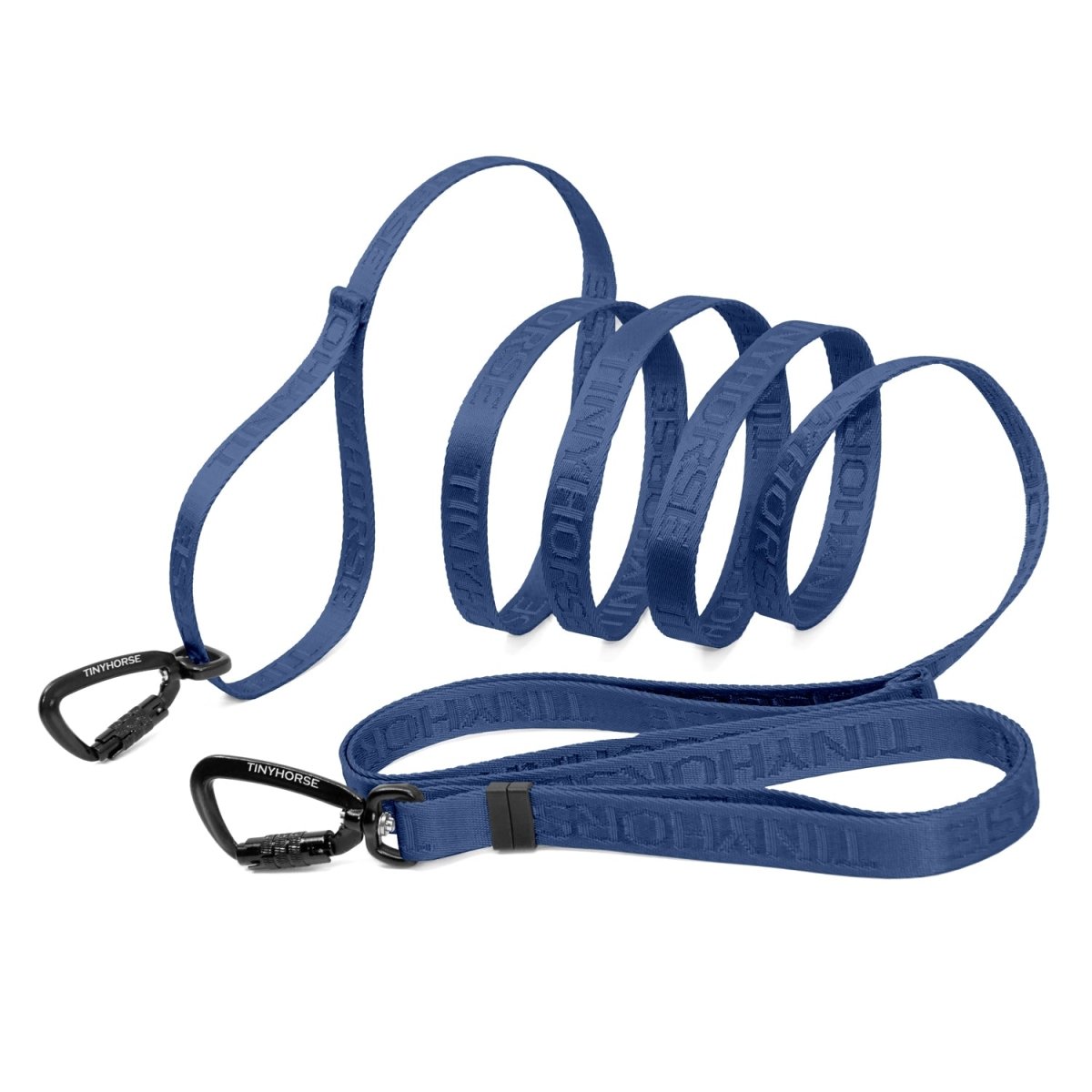 Long blue dog leash with black auto-locking carabiner clips at either end. The middle of the leash is curled 4 times to fit the full length of the leash into the square frame. The background is white. 