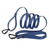Long blue dog leash with black auto-locking carabiner clips at either end. The middle of the leash is curled 4 times to fit the full length of the leash into the square frame. The background is white. 