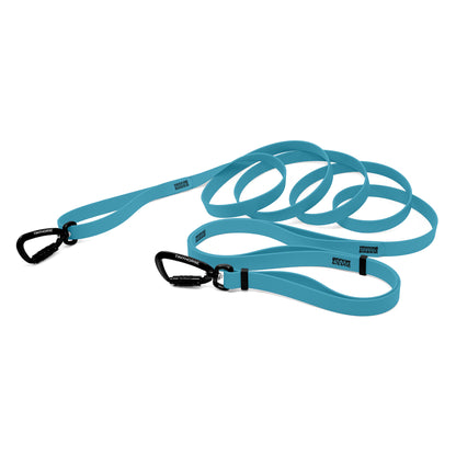 A baby blue bio thane infinite pro dog leash with two auto-locking carabiners on a white background.