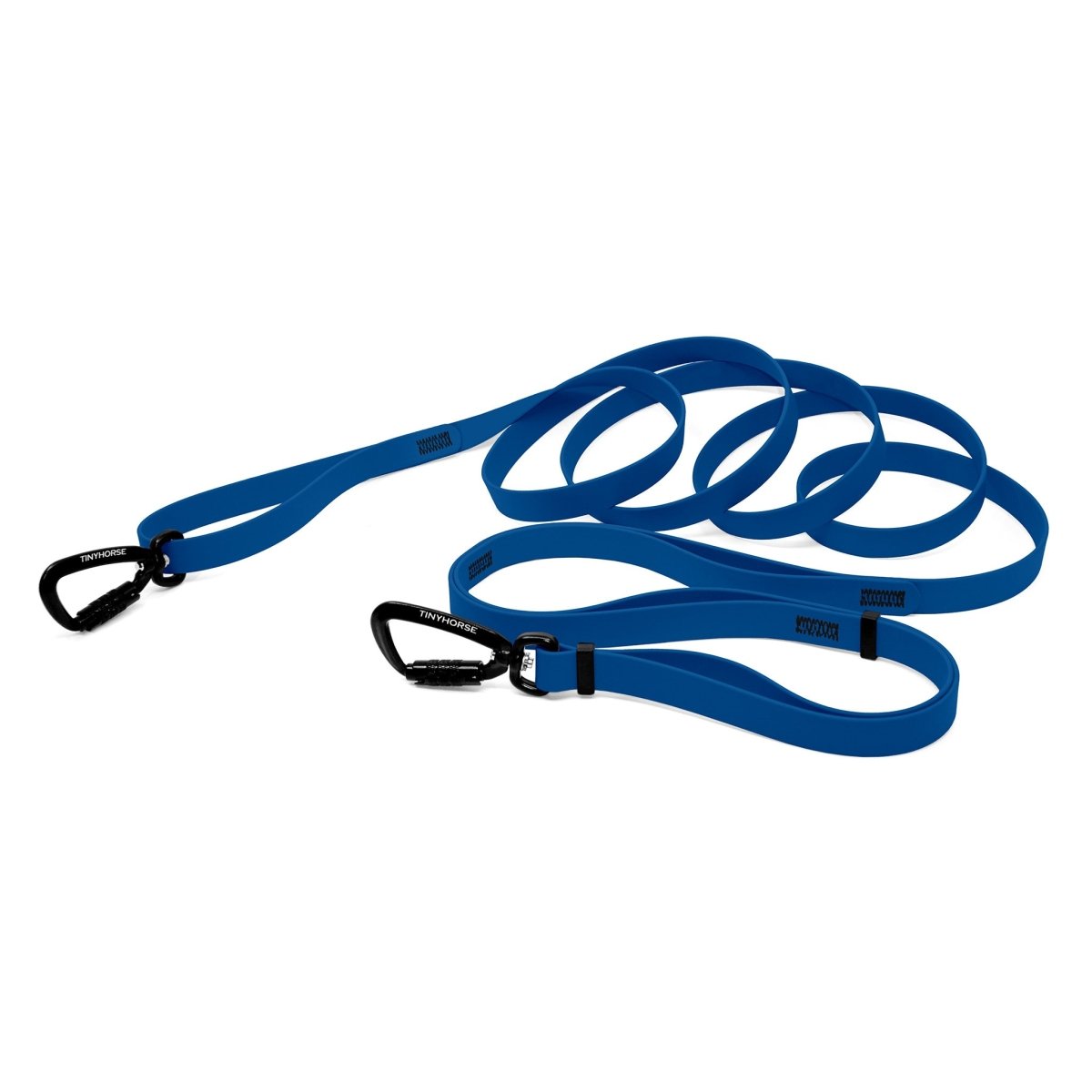 A bay blue bio thane infinite pro dog leash with two auto-locking carabiners on a white background.