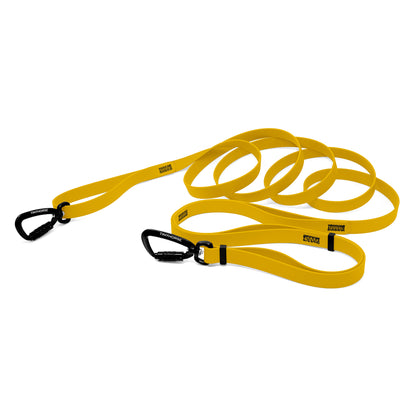 A canary yellow bio thane infinite pro dog leash with two auto-locking carabiners on a white background.