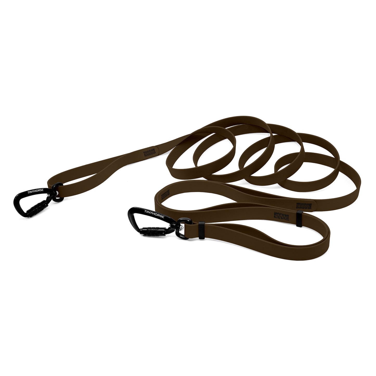 A dark brown bio thane infinite pro dog leash with two auto-locking carabiners on a white background.