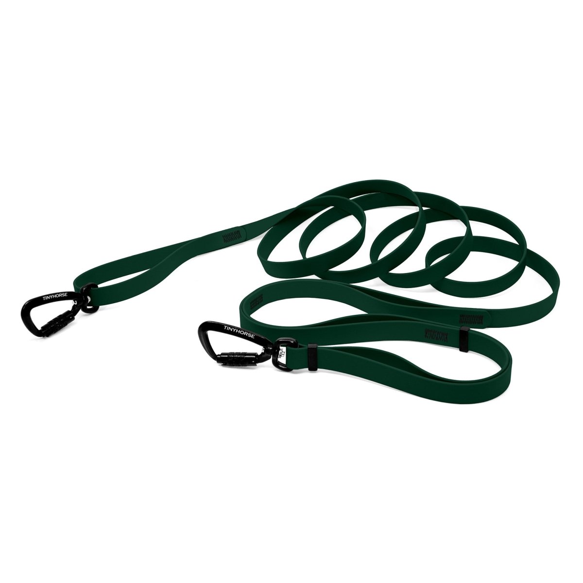 A dark green bio thane infinite pro dog leash with two auto-locking carabiners on a white background.