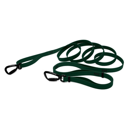 A dark green bio thane infinite pro dog leash with two auto-locking carabiners on a white background.