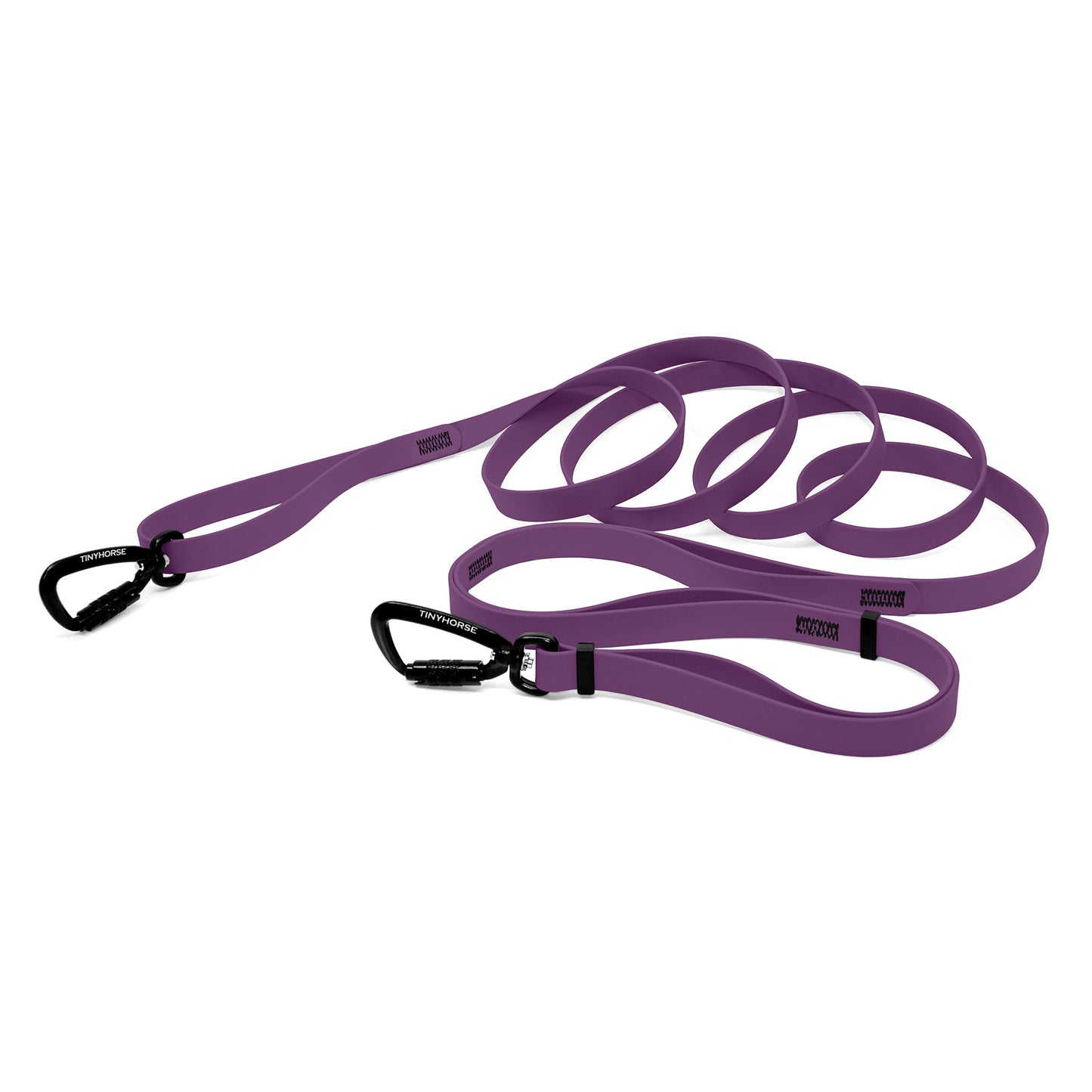 A grape bio thane infinite pro dog leash with two auto-locking carabiners on a white background.