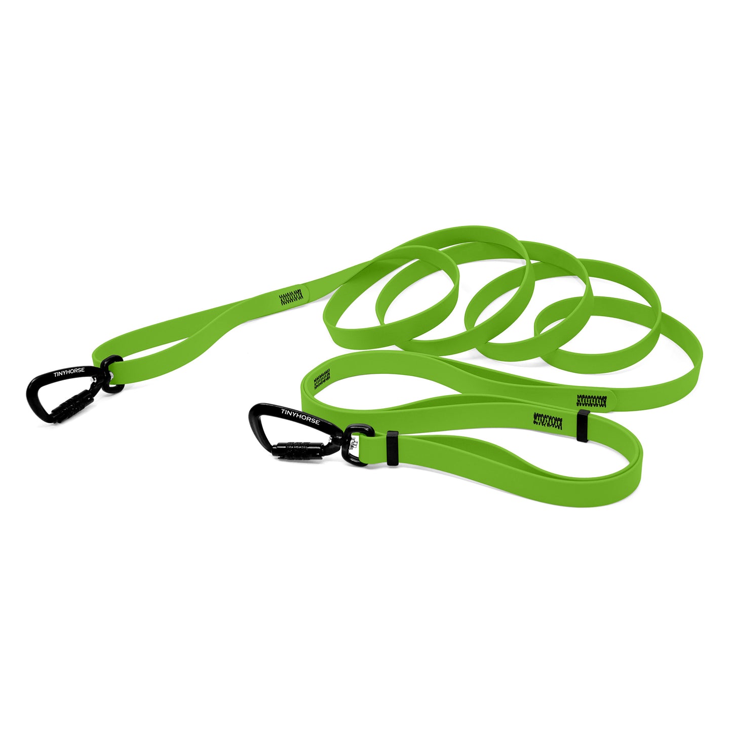 A lime bio thane infinite pro dog leash with two auto-locking carabiners on a white background.
