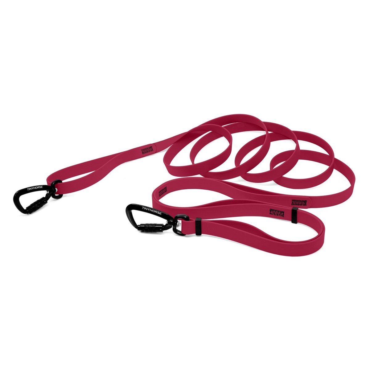 A magenta bio thane infinite pro dog leash with two auto-locking carabiners on a white background.