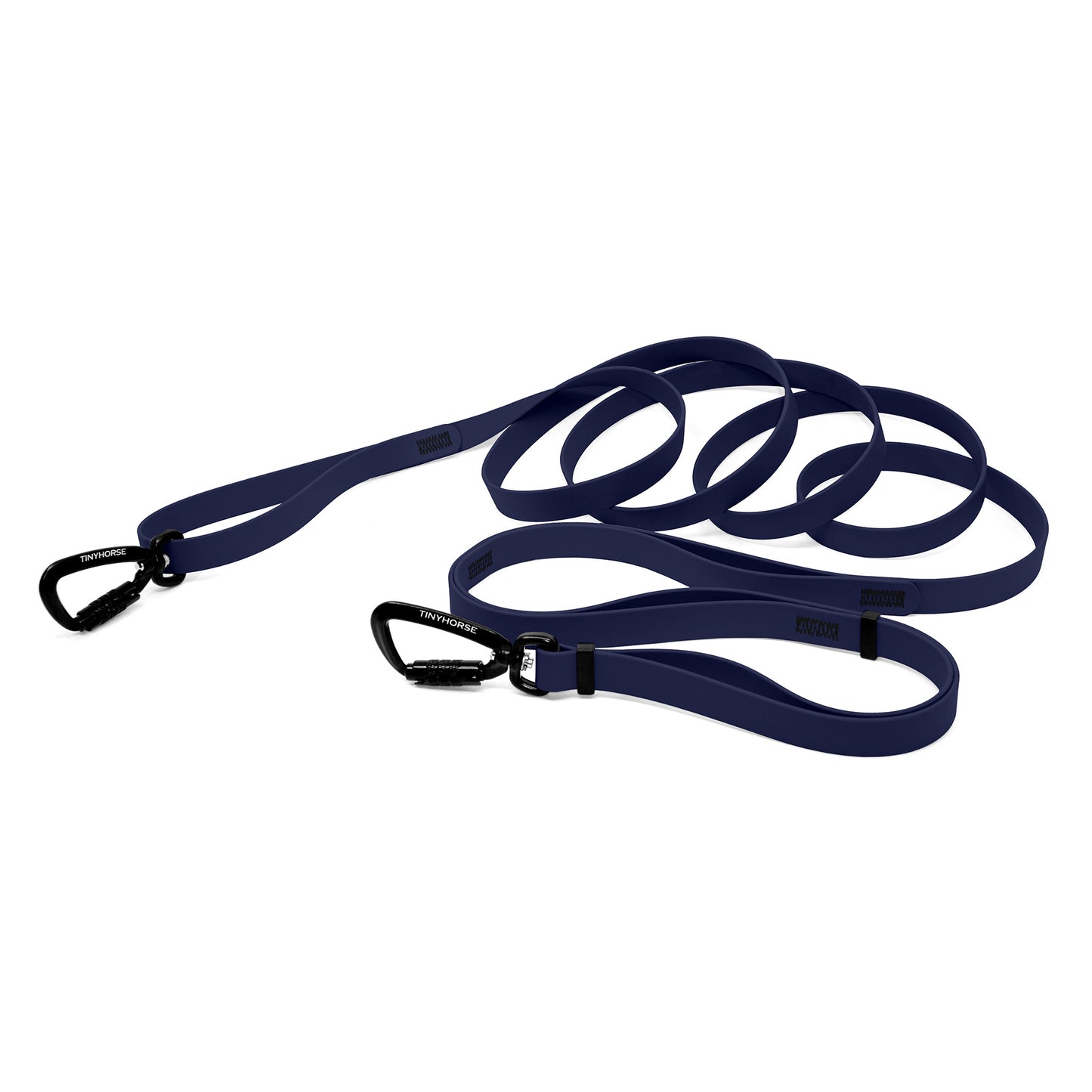 A navy blue bio thane infinite pro dog leash with two auto-locking carabiners on a white background.