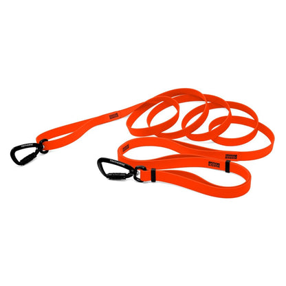 A neon orange bio thane infinite pro dog leash with two auto-locking carabiners on a white background.