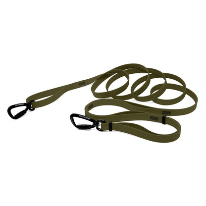 A olive  bio thane infinite pro dog leash with two auto-locking carabiners on a white background.