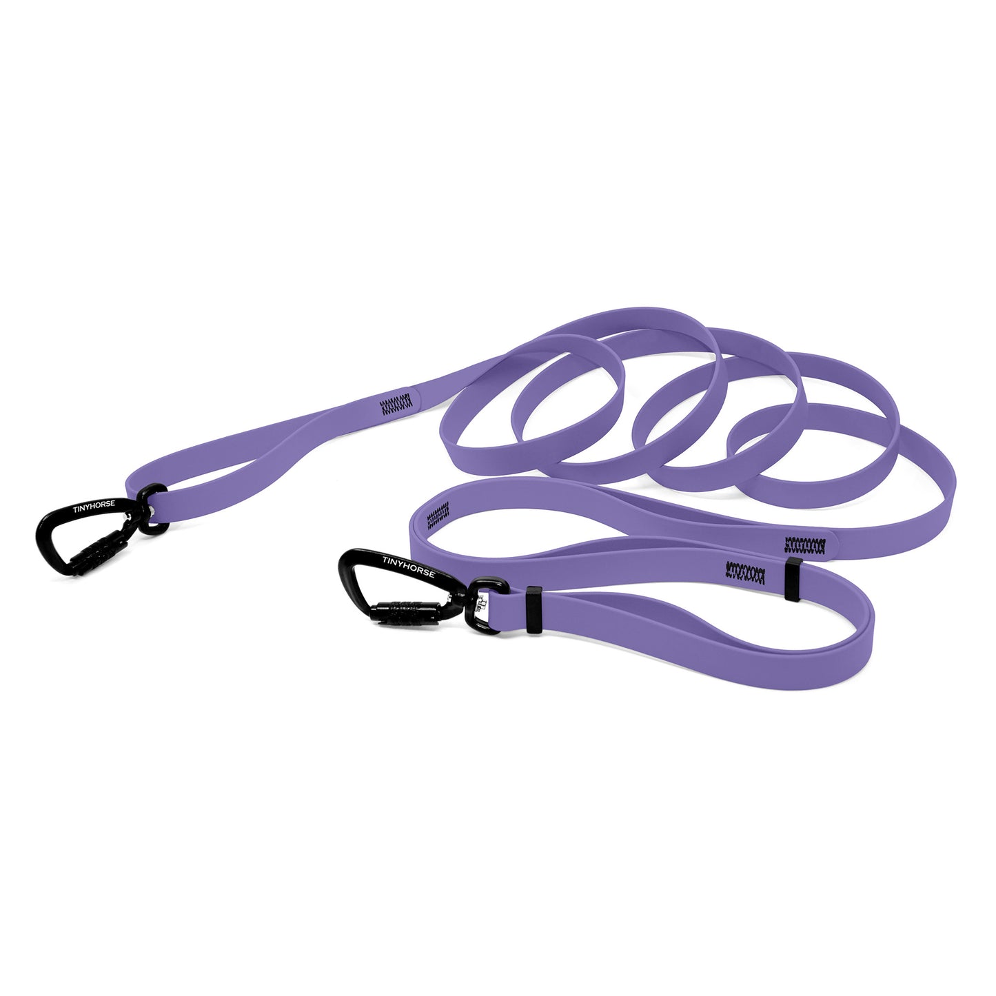 A periwinkle bio thane infinite pro dog leash with two auto-locking carabiners on a white background.