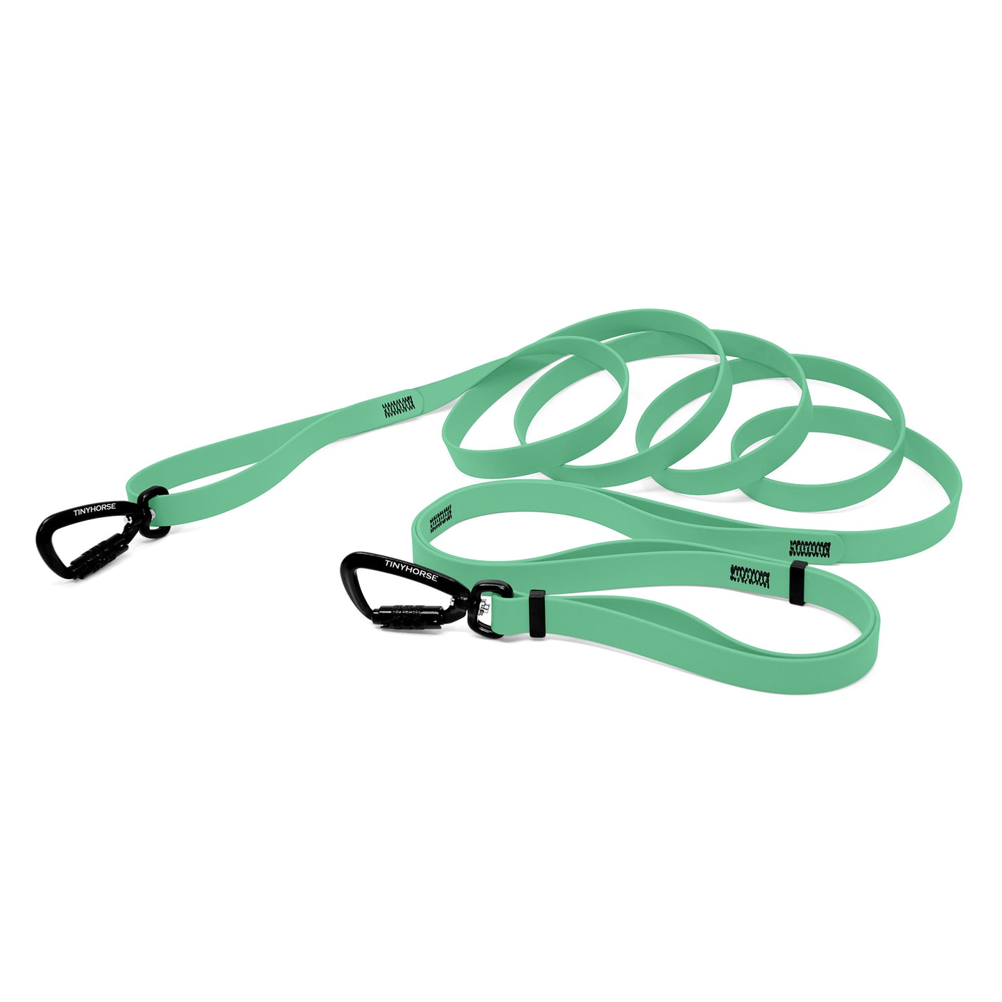 A seafoam  bio thane infinite pro dog leash with two auto-locking carabiners on a white background.