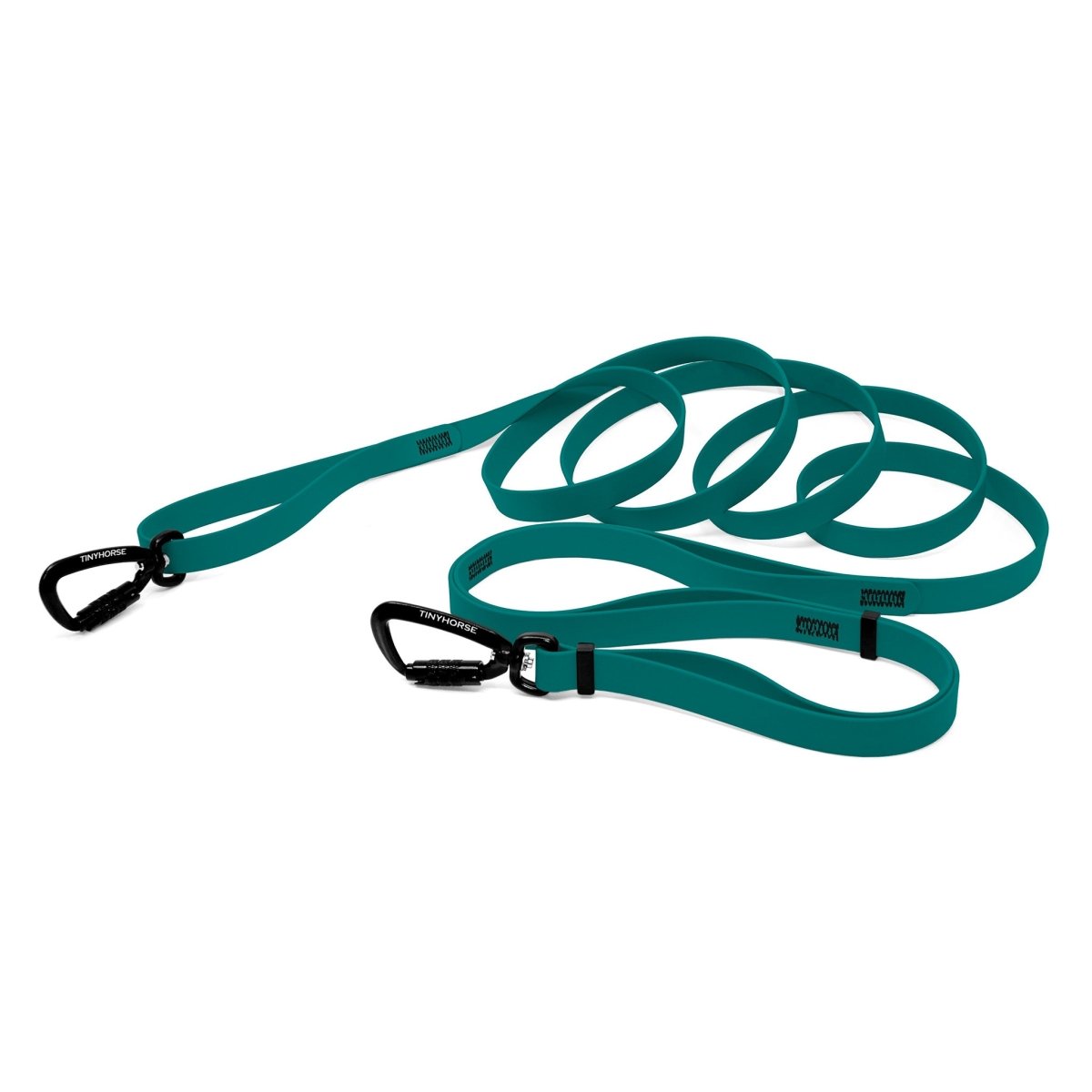 A teal bio thane infinite pro dog leash with two auto-locking carabiners on a white background.