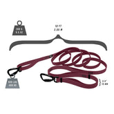 Long burgundy leash with black auto-locking carabiner clips at either end. There are diagrams listing the specs of this leash. They are as follows: it weighs 268 grams or 9.5 ounces; It’s 10 feet long or 3.05 meters; the clip has a break strength of 900 pounds or 408 kilograms; the leash strapping is 3/4” wide.