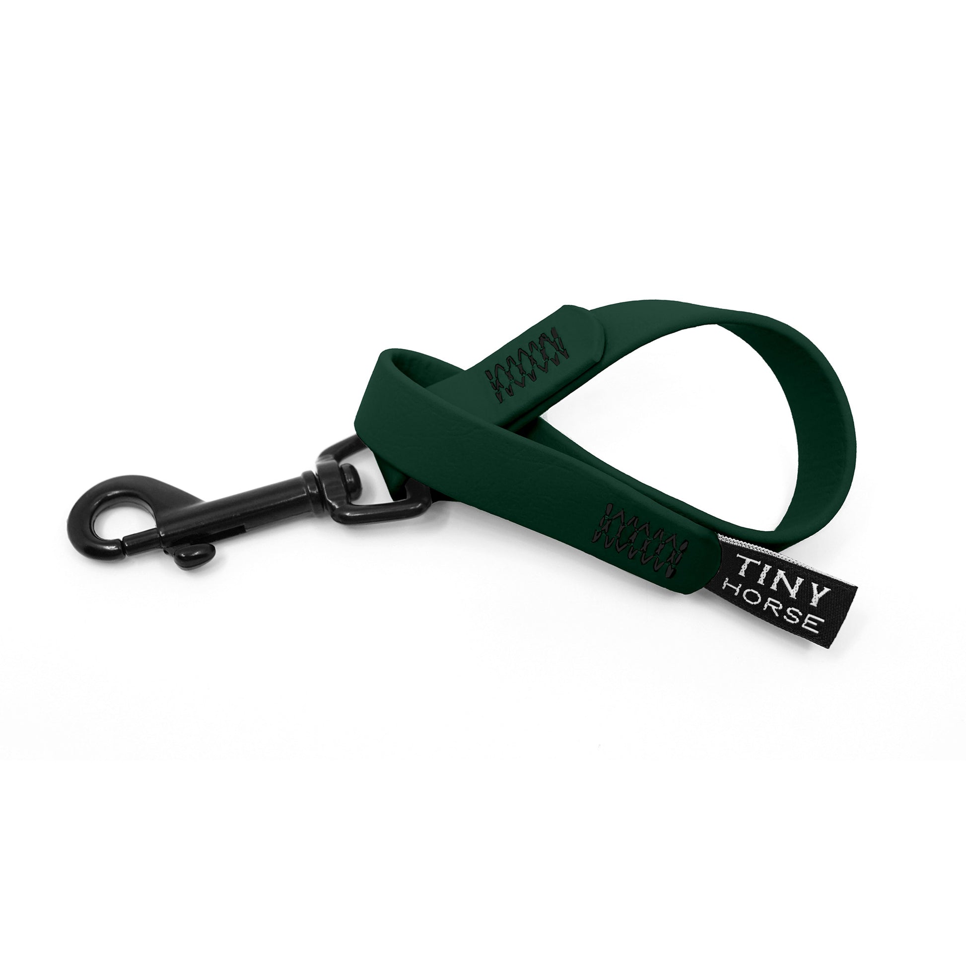 A dark green keeper in bio thane with a black trigger clip on a white background.
