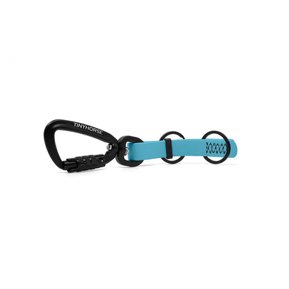 A baby blue key chain with an auto-locking carabiner and two split rings on a white background.