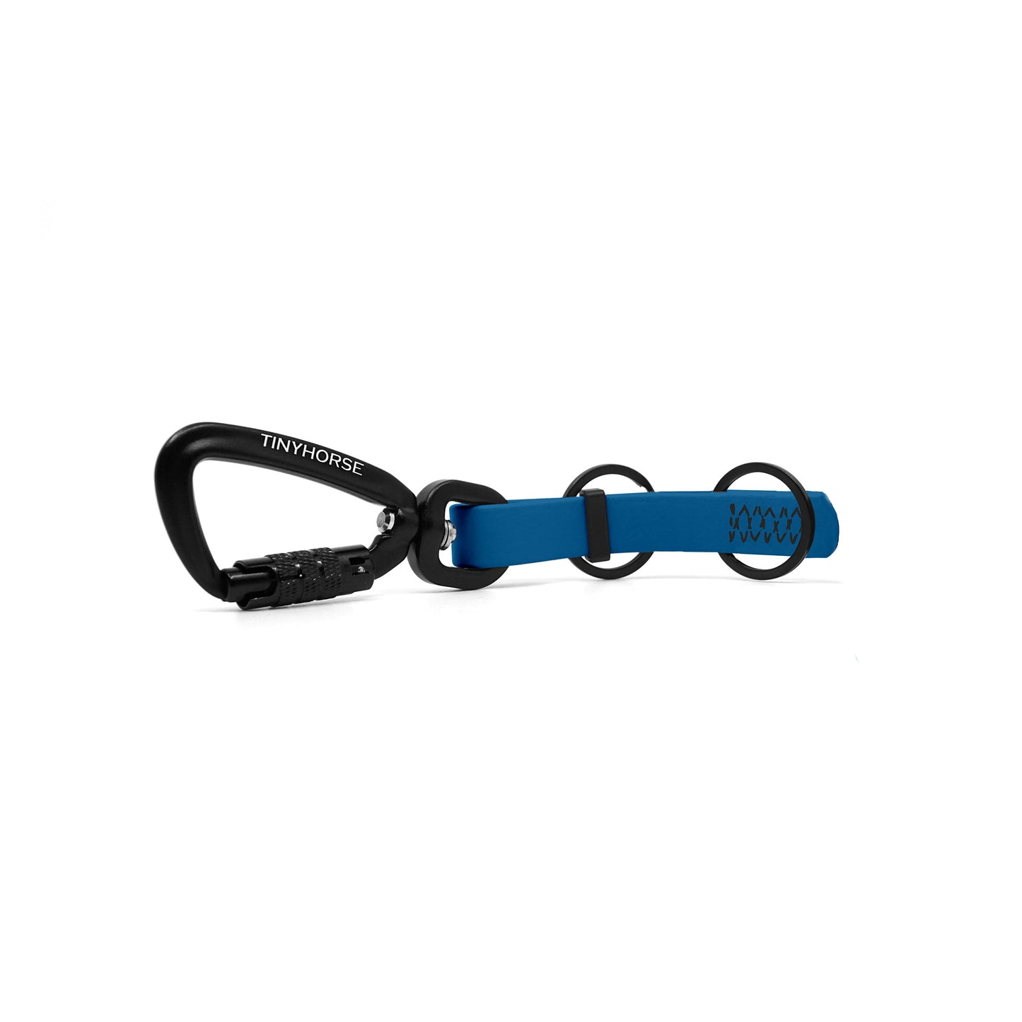 A bay blue key chain with an auto-locking carabiner and two split rings on a white background.