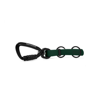 A dark green key chain with an auto-locking carabiner and two split rings on a white background.
