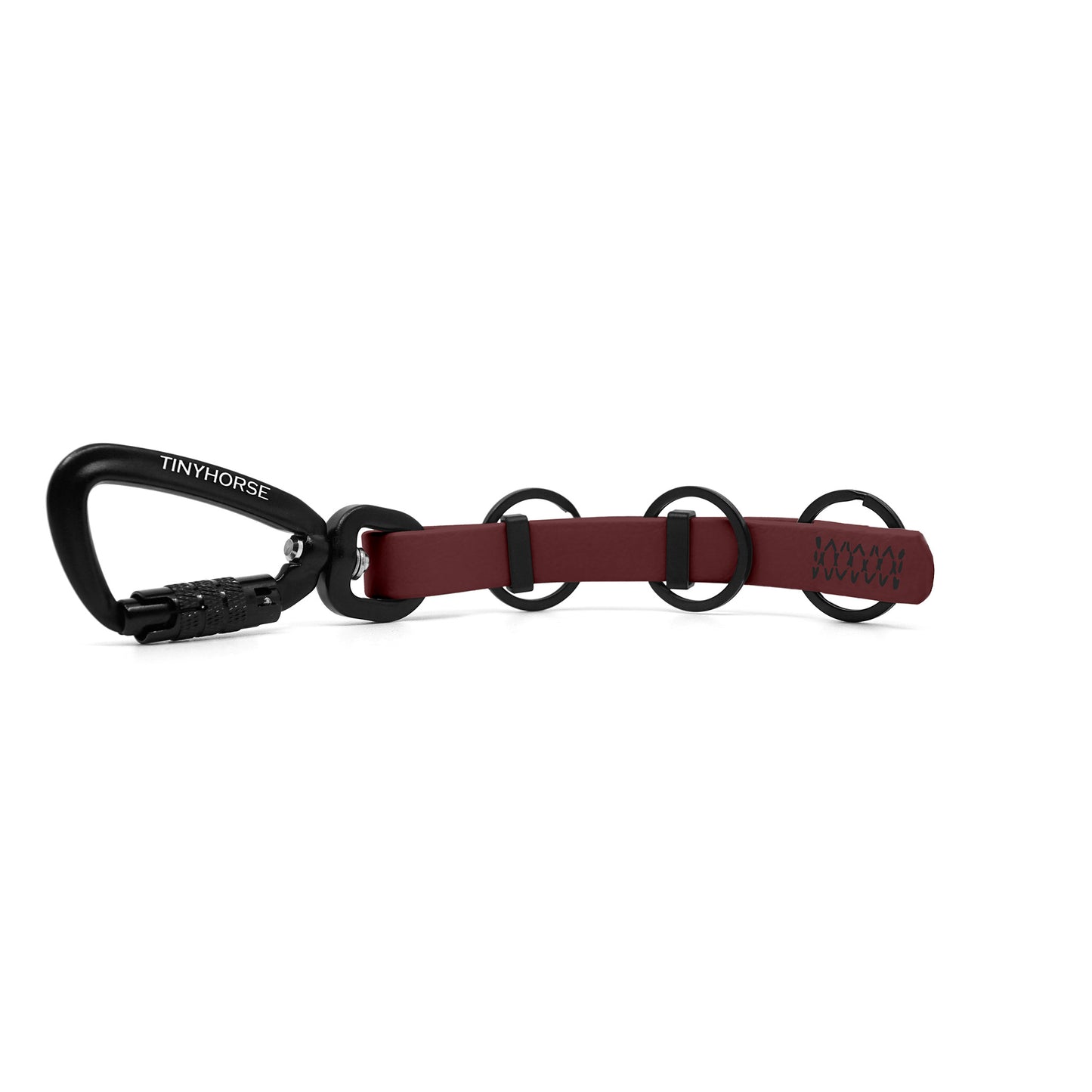 A extra long burgundy key chain with an auto-locking carabiner and three split rings on a white background.