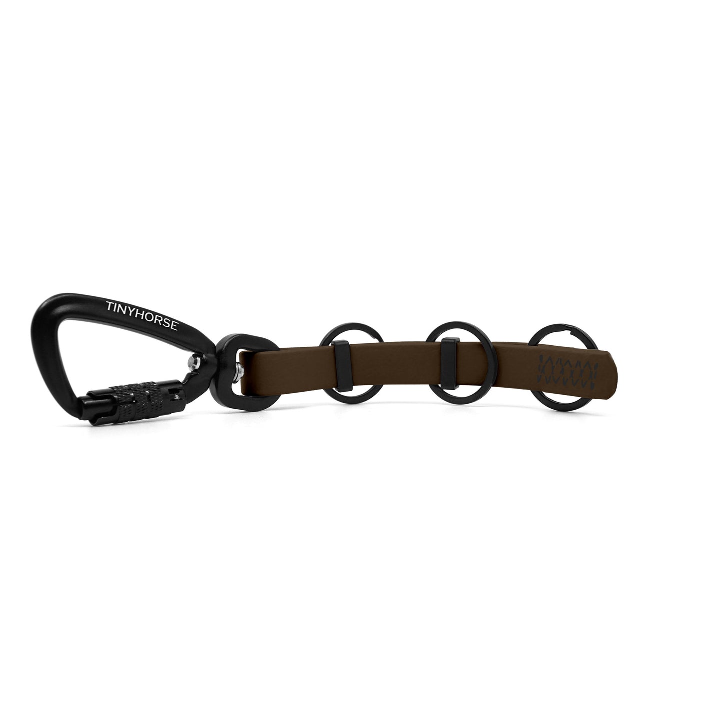 A extra long dark brown key chain with an auto-locking carabiner and three split rings on a white background.