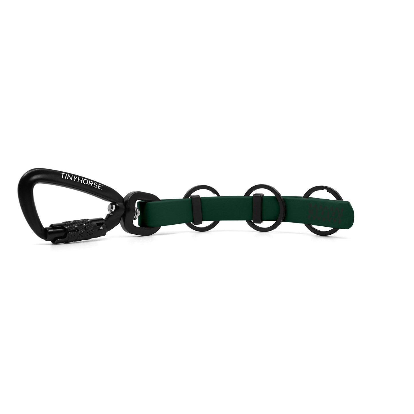 A extra long dark green key chain with an auto-locking carabiner and three split rings on a white background.