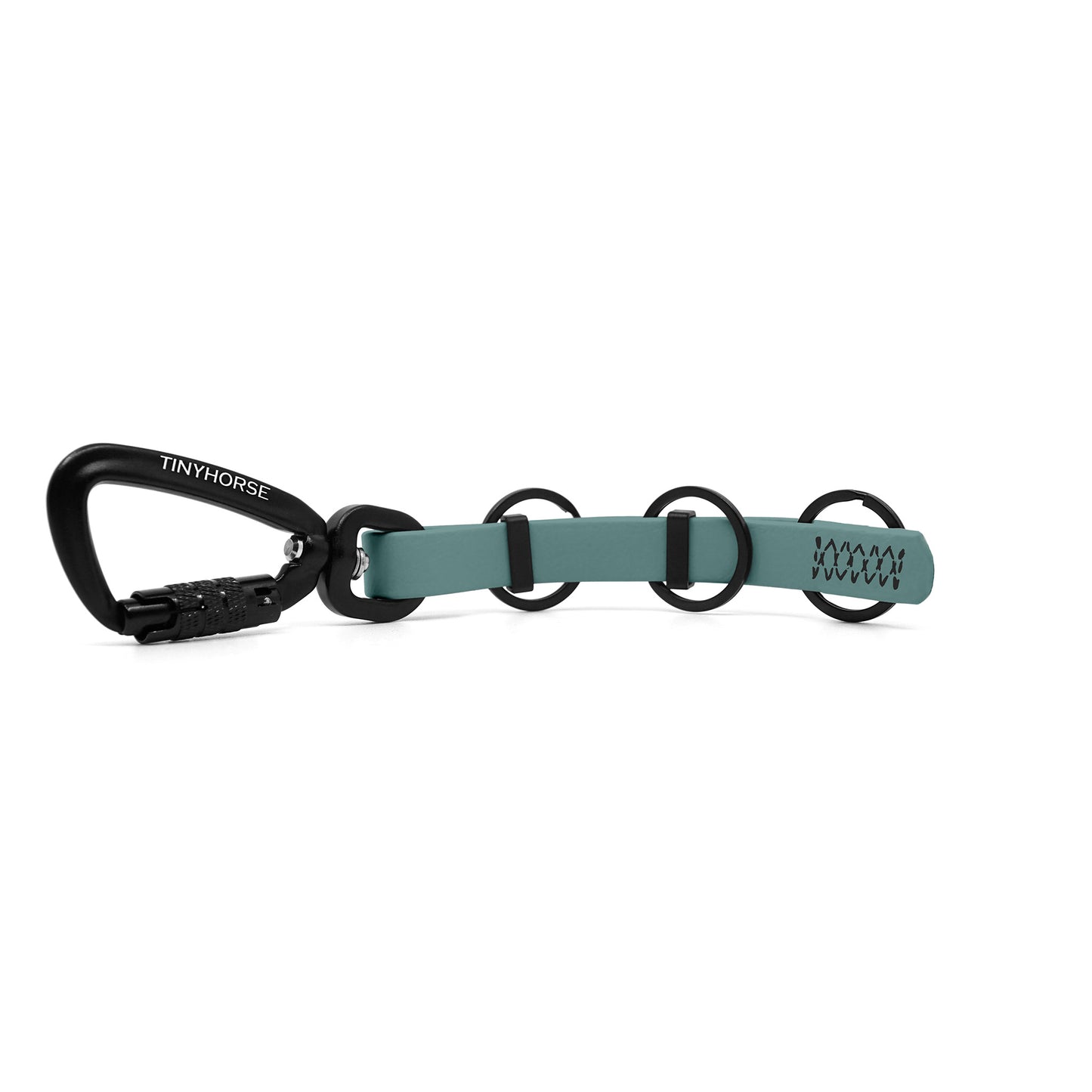 A extra long eucalyptus key chain with an auto-locking carabiner and three split rings on a white background.