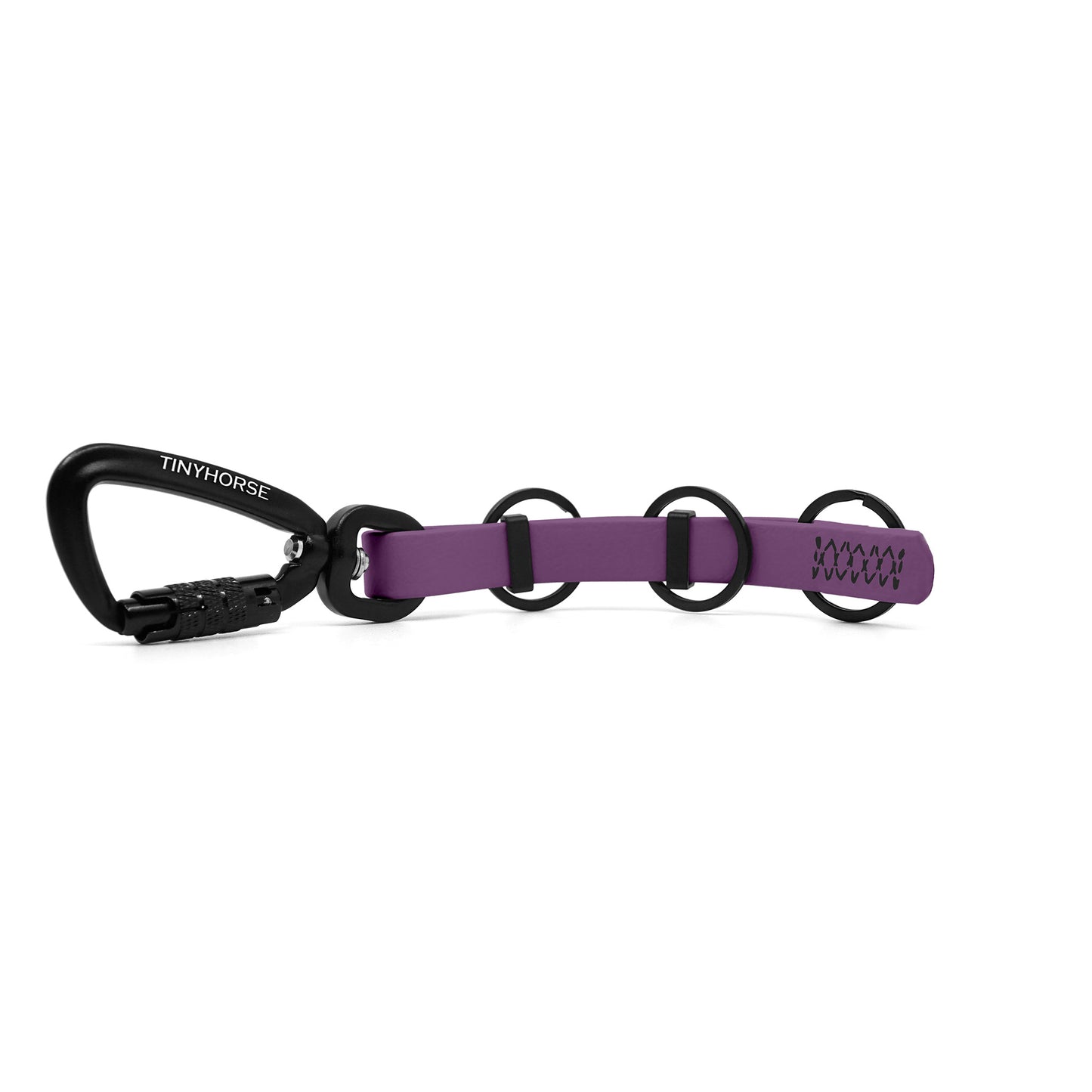 A extra long grape key chain with an auto-locking carabiner and three split rings on a white background.