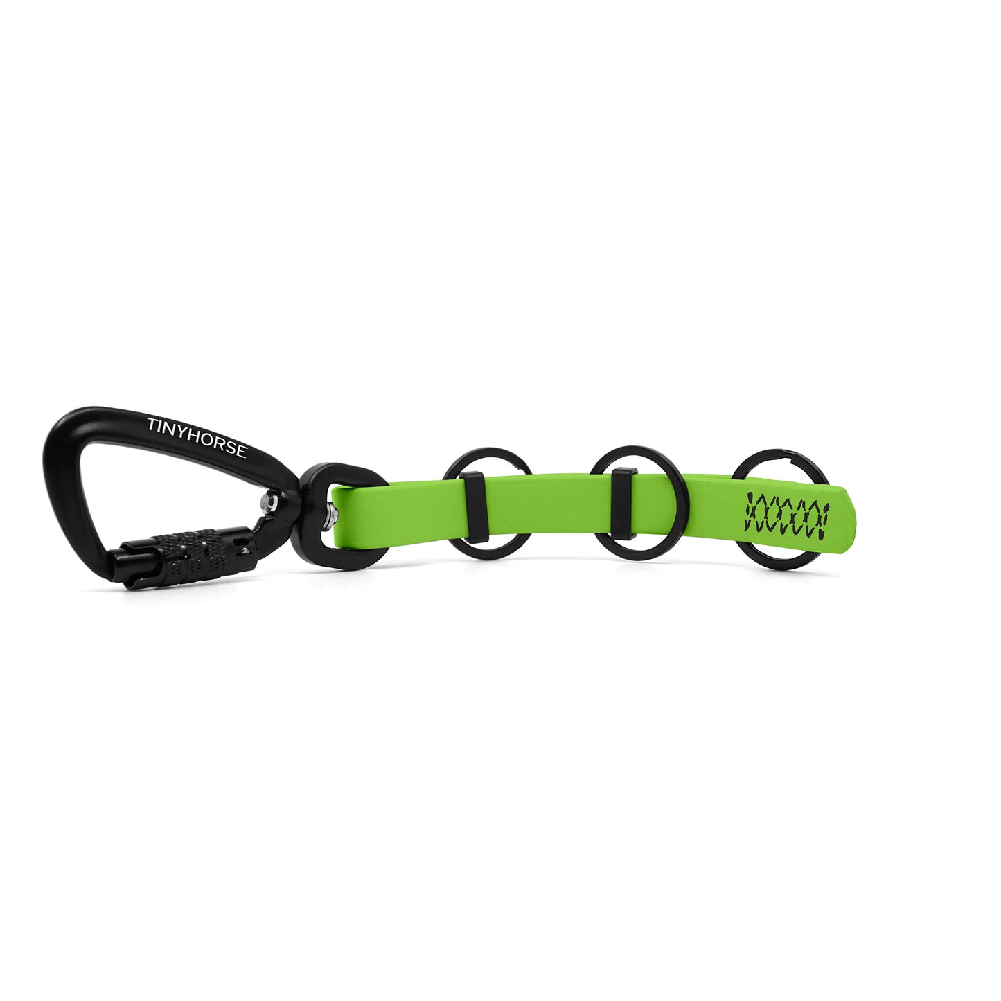 A extra long lime key chain with an auto-locking carabiner and three split rings on a white background.