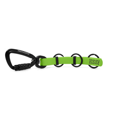 A extra long lime key chain with an auto-locking carabiner and three split rings on a white background.