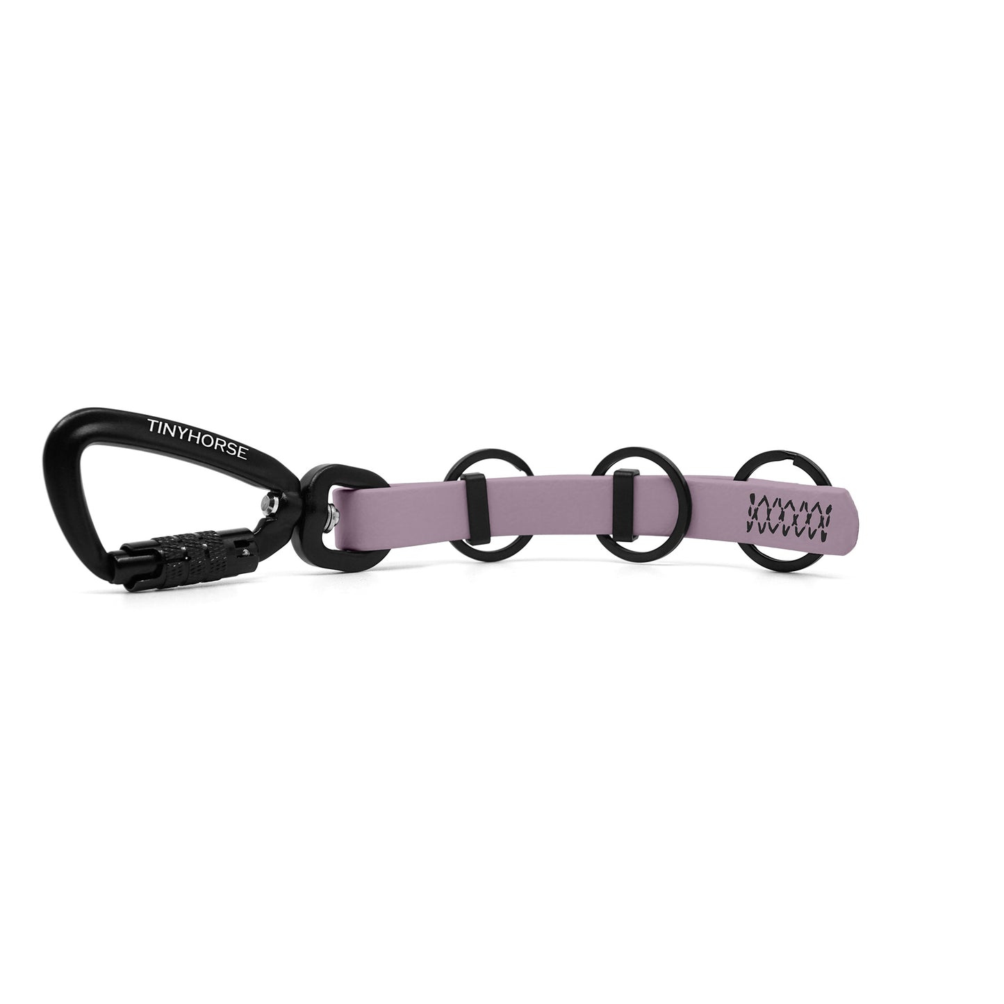 A extra long lavender key chain with an auto-locking carabiner and three split rings on a white background.