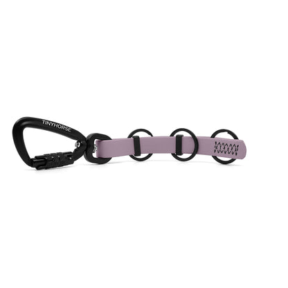 A extra long lavender key chain with an auto-locking carabiner and three split rings on a white background.