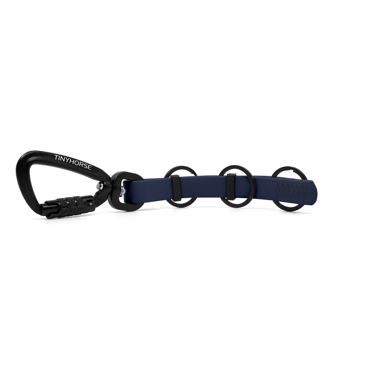 A extra long navy blue key chain with an auto-locking carabiner and three split rings on a white background.