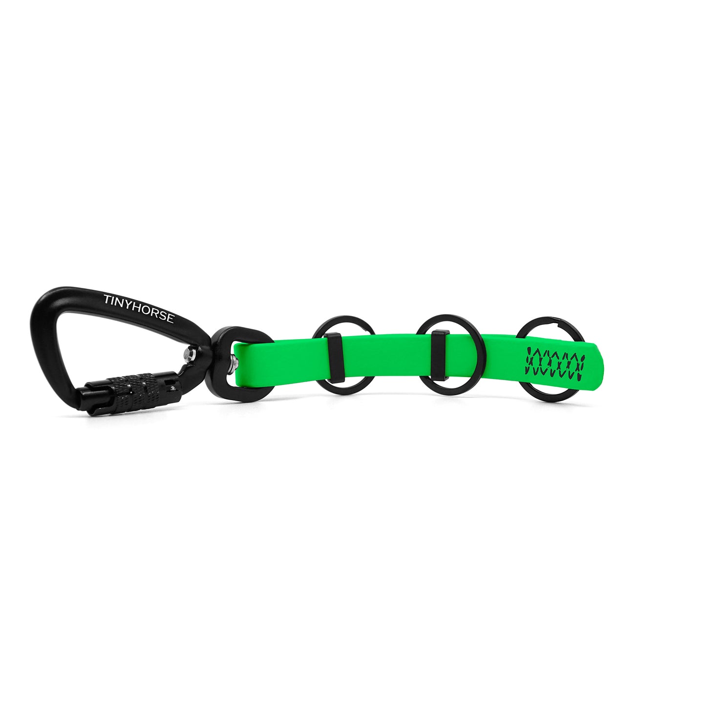 A extra long neon green key chain with an auto-locking carabiner and three split rings on a white background.