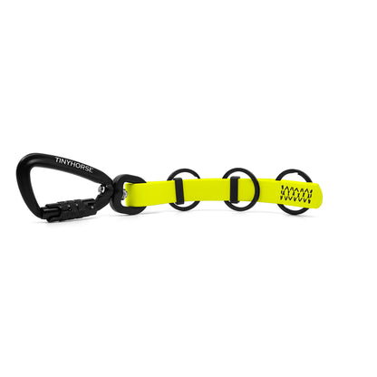 A extra long neon yellow key chain with an auto-locking carabiner and three split rings on a white background.