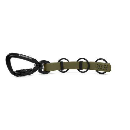 A extra long olive key chain with an auto-locking carabiner and three split rings on a white background.