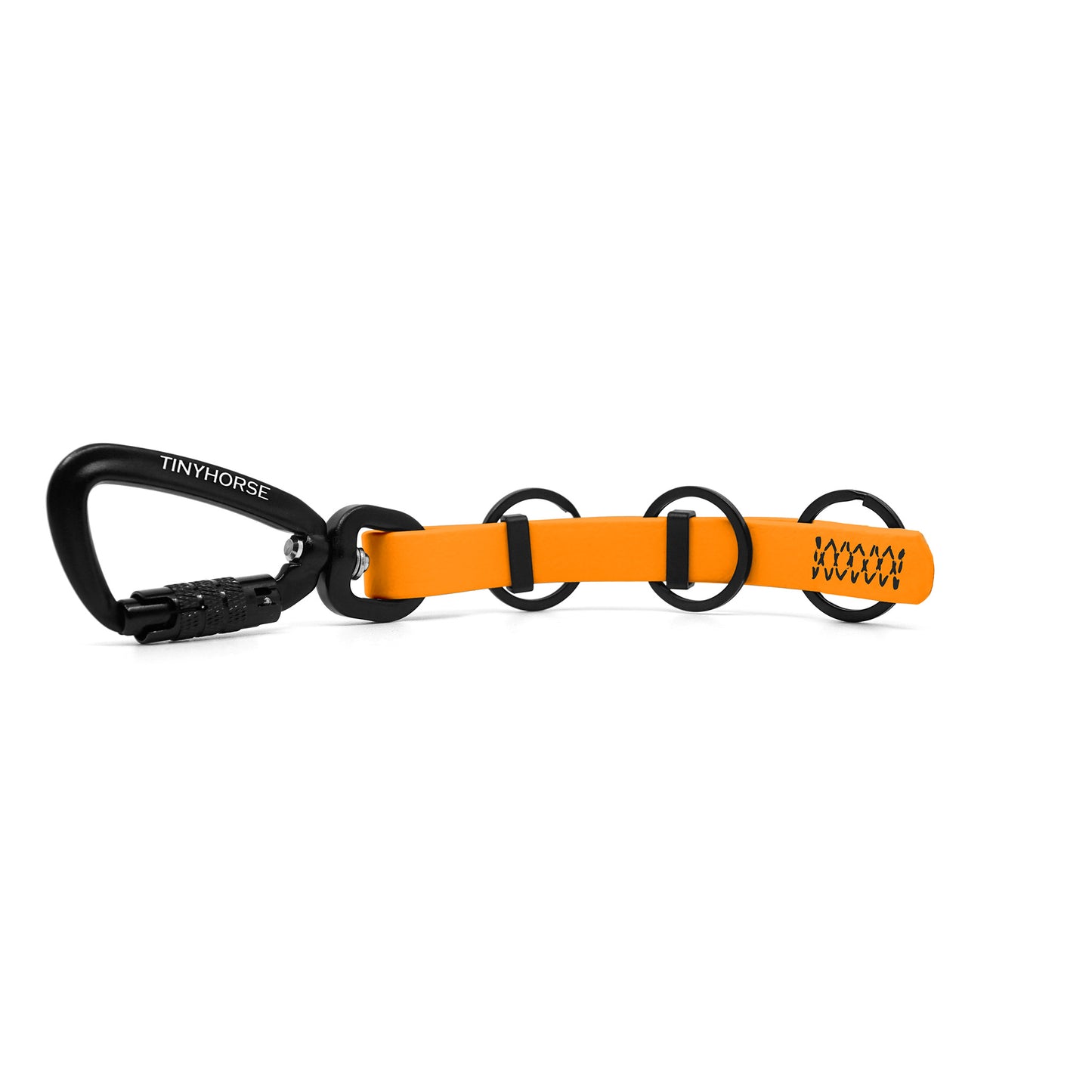 A extra long pastel orange key chain with an auto-locking carabiner and three split rings on a white background.