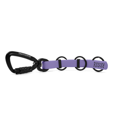 A extra long periwinkle key chain with an auto-locking carabiner and three split rings on a white background.