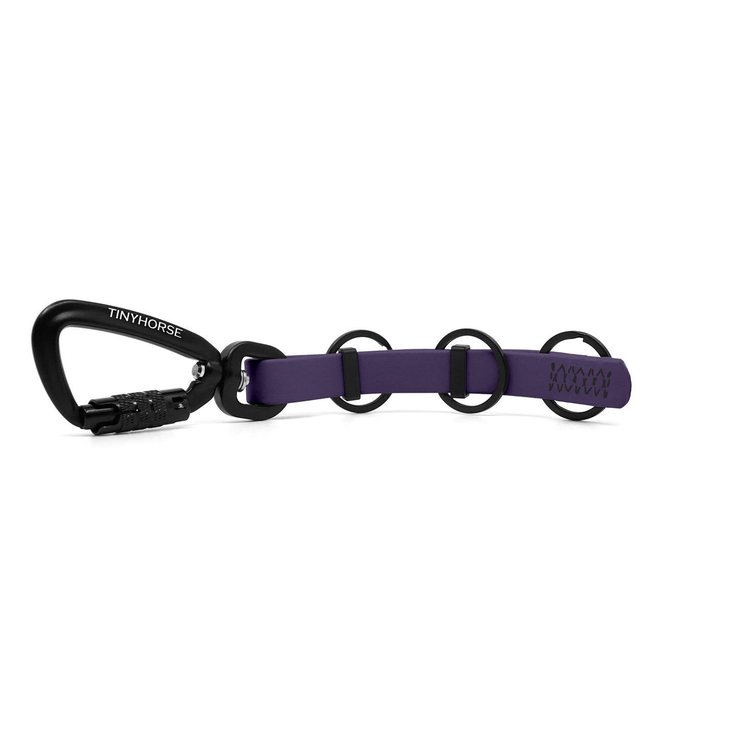 A extra long purple key chain with an auto-locking carabiner and three split rings on a white background.