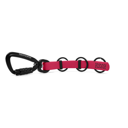 A extra long raspberry key chain with an auto-locking carabiner and three split rings on a white background.