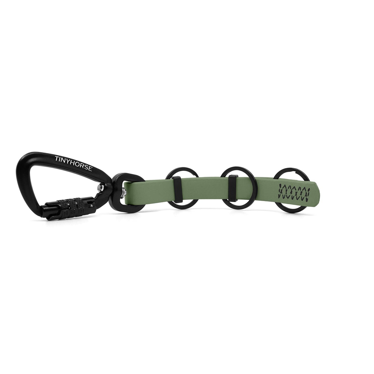 A extra long sage key chain with an auto-locking carabiner and three split rings on a white background.