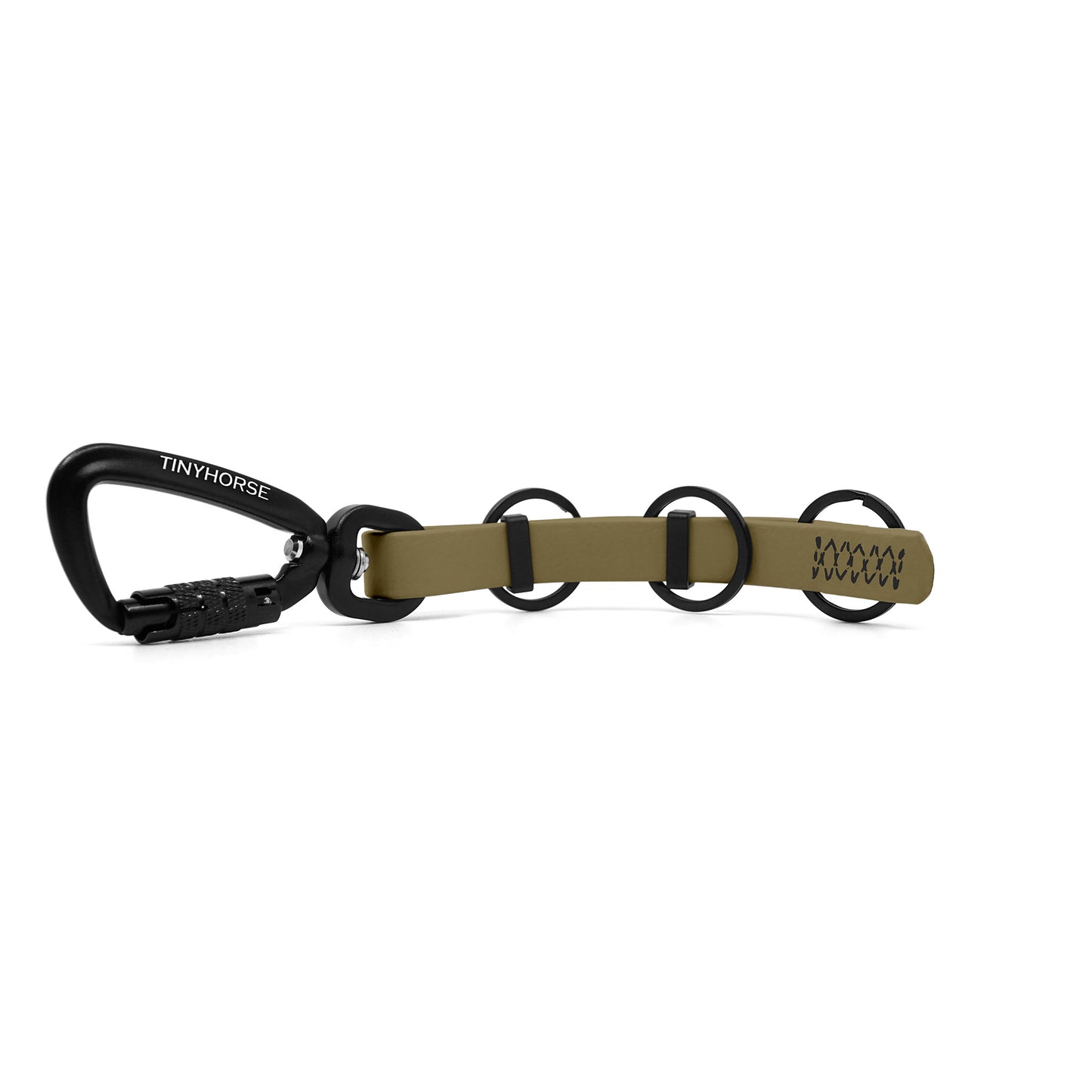 A extra long sahara tan key chain with an auto-locking carabiner and three split rings on a white background.