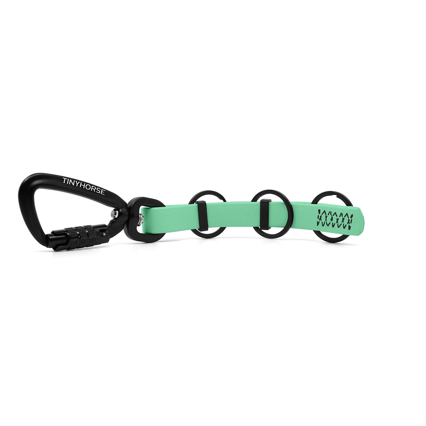 A extra long seafoam key chain with an auto-locking carabiner and three split rings on a white background.